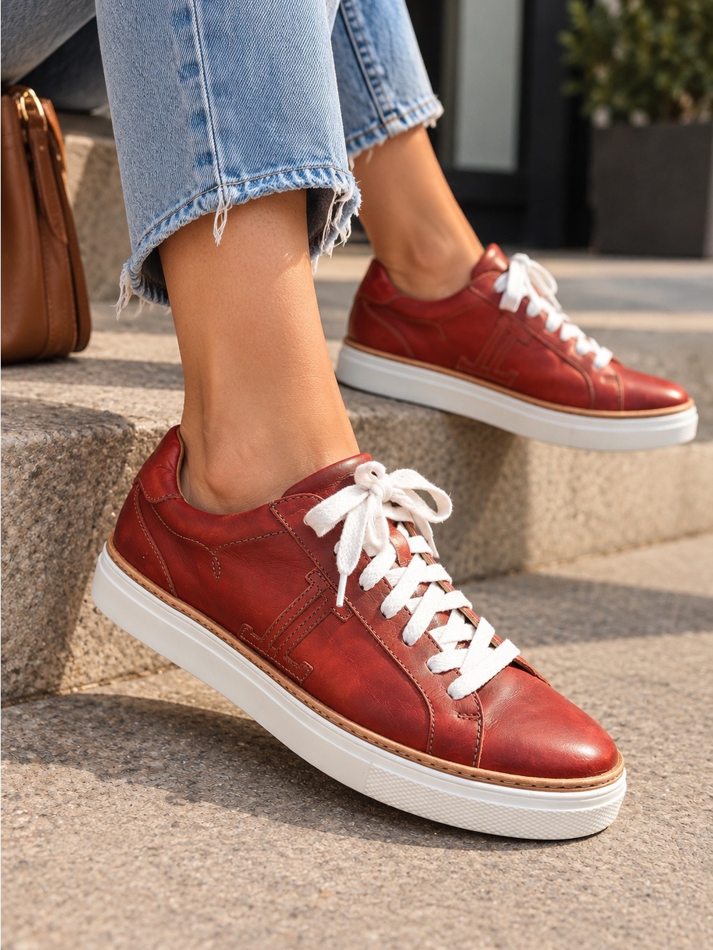 Lucchese Red Leather Double L Lace Up Sneakers